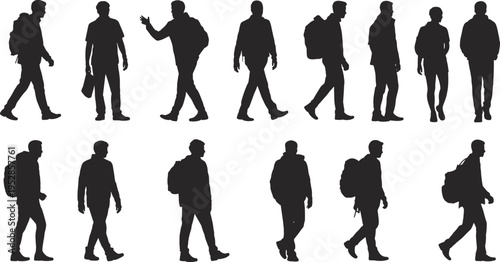Men walking silhouette set with backpacks and casual poses, urban lifestyle pedestrians, different positions collection, daily activity concept, isolated human figure illustration