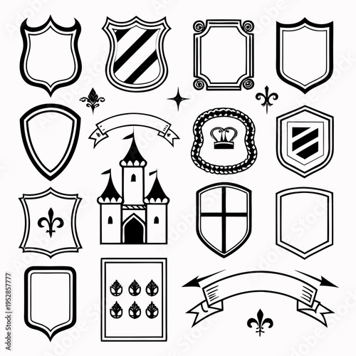 Collection of medieval castle emblems heraldic shields crests banners and decorative frames vintage design elements