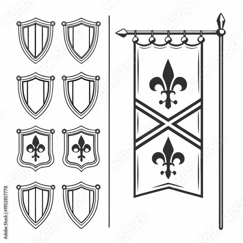 Medieval heraldry set with shields and banners on white background featuring fleur de lis symbol for royal family crest or kingdom emblem design