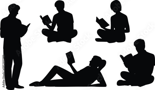People reading books silhouettes in various poses, men and women studying and relaxing with books, education and leisure concept, isolated illustration set