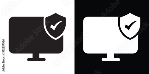 A computer monitor icon featuring a security shield and a checkmark. Professional symbol for cyber security, verified protection, data safety, secure network, and antivirus software.
