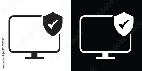 A computer monitor icon featuring a security shield and a checkmark. Professional symbol for cyber security, verified protection, data safety, secure network, and antivirus software.