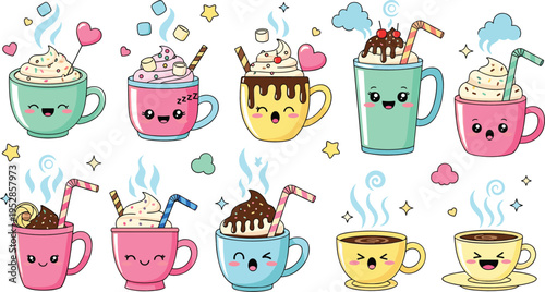 Cute kawaii coffee cups collection with hot chocolate whipped cream marshmallows and sweet drinks cartoon vector illustration set