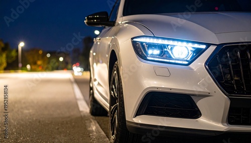 Photos Sleek White Car Illuminating the Night Road with Bright Headlights