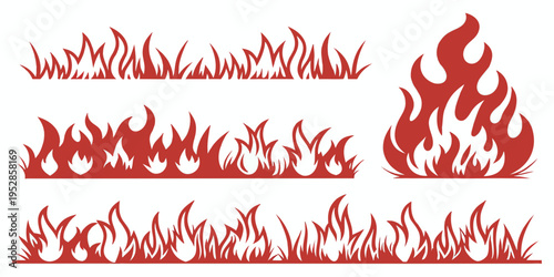 Red fire flames and grass vector illustration, set of decorative simple graphic silhouettes of blazing bonfire and plants in field