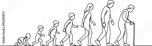 Continuous one line drawing showing human life evolution from crawling baby to elderly with cane. One line draw graphic design vector