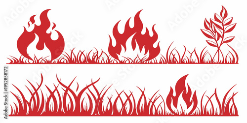 Red fire flames and grass silhouettes vector illustration, collection of simple graphic elements of blazing bonfire and plants