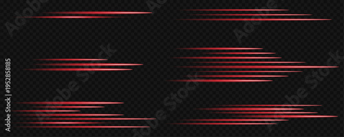 Dynamic Fast moving red light trails with tapered ends and glowing highlights representing rapid speed and kinetic energy on black transparent grid background