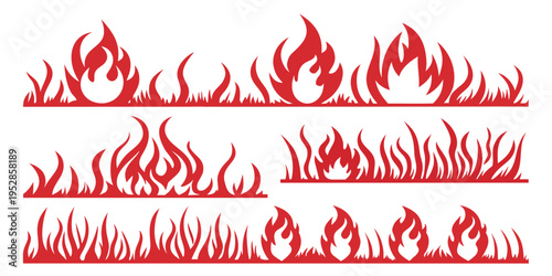 Collection of decorative red fire borders and individual flame silhouettes with organic shapes for creative layouts and fire safety themes vector
