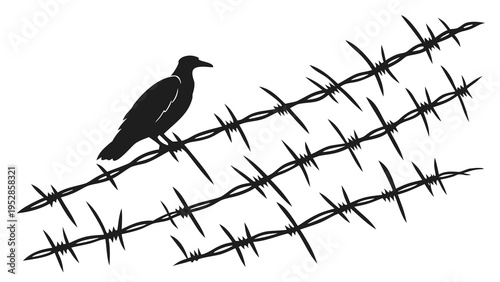 Black silhouette of single bird perched on barbed wire fence against white background symbolic of prison freedom captivity and industrial landscape