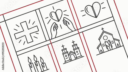 A grid of religious and spiritual icons including a cross, candles, churches, and hands holding a broken heart, representing faith and healing