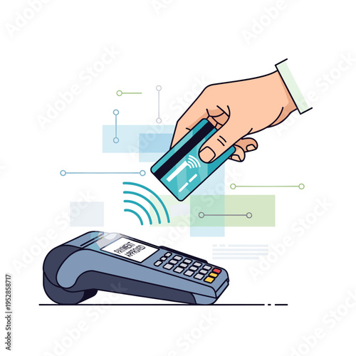 A hand holding a credit card near a payment terminal for a contactless transaction.