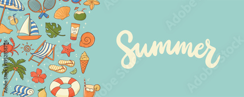 Summer horizontal banner decorated with cute doodles and lettering quote on blue background. Good for social media covers, prints, invitations, sales, promotions, templates, etc. EPS 10