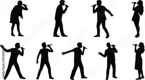 Singer silhouettes performing with microphones, male and female vocalists in dynamic poses, music concert performance set, entertainment concept, isolated figure illustration