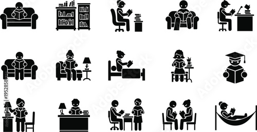 Reading People Silhouette Icon Set with Students Studying at Home Library and Classroom for Education Learning and Literacy Design Projects