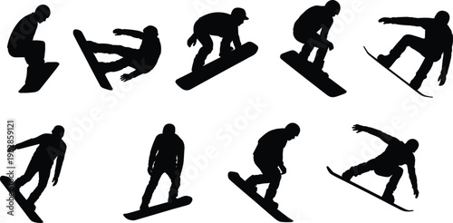 Snowboarder silhouette set performing jumps and tricks, winter sport action poses, extreme snowboarding activity, dynamic movement collection, isolated athletic illustration
