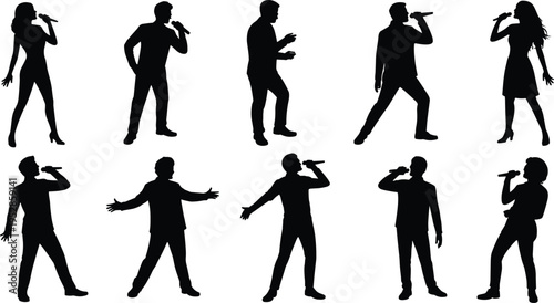 Singers silhouette set performing with microphone, male and female vocalists in different poses, music performance collection, concert concept, isolated artistic figure illustration