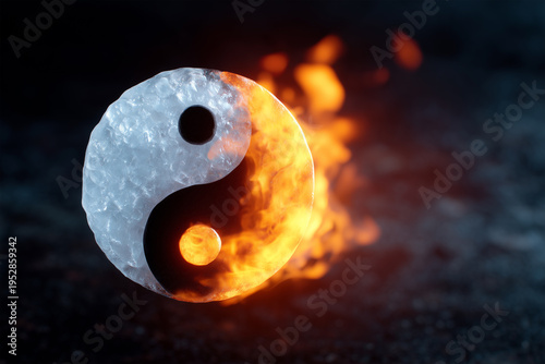 Yin and yang symbol made of ice and fire in dark setting