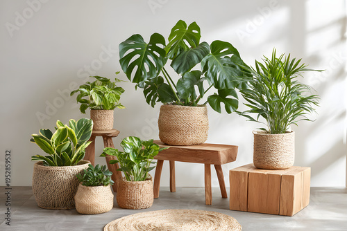 Beautiful collection of lush green indoor houseplants including Monstera deliciosa and Parlor Palm in natural woven wicker pots, elegantly arranged on rustic wooden furniture in a bright minimalist...