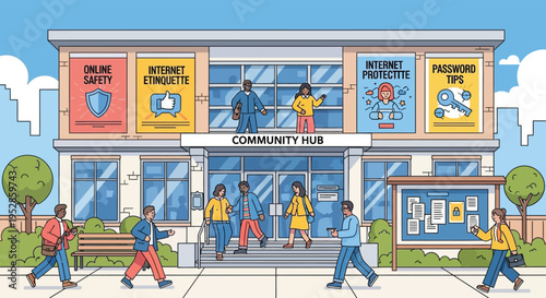 Community Hub Building with People and Information Boards.