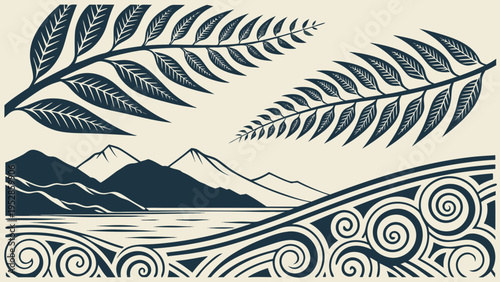 Stylized New Zealand landscape with mountain range, ferns, and traditional Maori design elements on a beige background