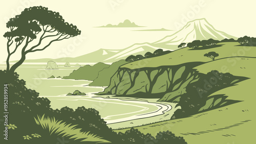 Scenic landscape with rolling hills, winding road, and majestic mountains in the background under a serene sky