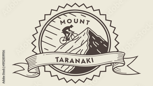 Vintage style illustration of a cyclist on Mount Taranaki mountain with a ribbon banner