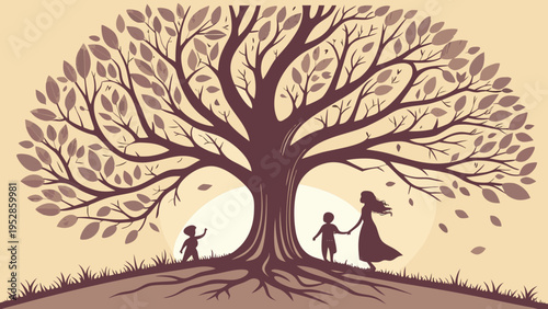 Family enjoying a moment under a large tree with a woman and two children
