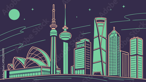 Stylized cityscape illustration featuring iconic architectural landmarks viewed against a dark night sky with moon and stars