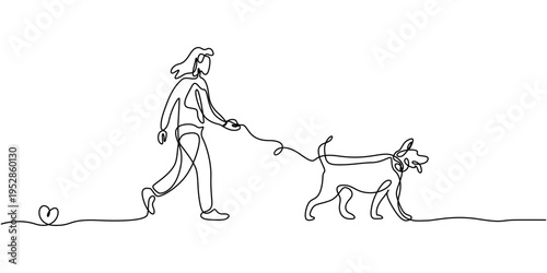 Continuous one line drawing of a man is walking a dog on a leash, Continuous One Line Girl Walking with Dog | Minimalist Pet Companion Vector Illustration, Man Walking with Dog Continuous One Line