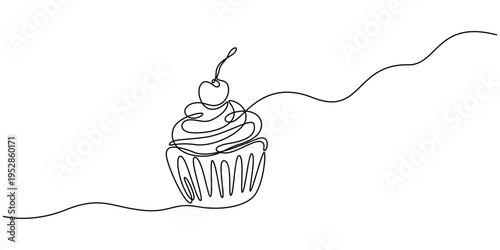 Cupcake with cream and cherries in one line drawing. Simple design for dessert themes, Cup cake with cherry topping. Continuous one line drawing art vector illustration, Continuous line drawing.