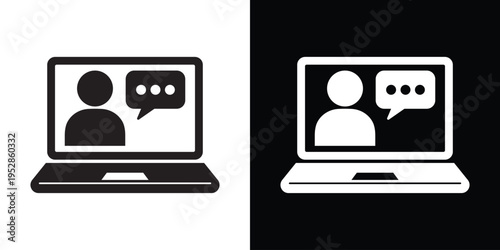 Vector flat icon of a person avatar with a speech bubble on a monitor. Modern symbol for online consulting, video chat, customer support, virtual assistant, and digital communication.