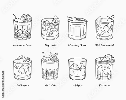 Hand drawn whiskey and cocktail illustration set in line art style. Collection of classic bar drinks in rocks glasses with ice and garnish. Minimal black outline vector for menu or poster design.