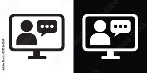 Vector flat icon of a person avatar with a speech bubble on a monitor. Modern symbol for online consulting, video chat, customer support, virtual assistant, and digital communication.