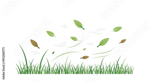 Autumn leaves blown by wind over green grass, graphic illustration