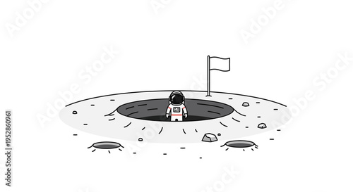 Astronaut standing in lunar crater with flag