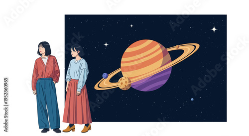 Two women looking at a planet and stars in outer space, illustration