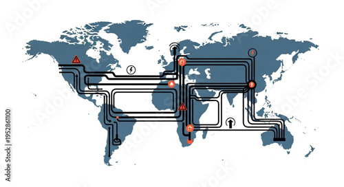 World Map with Global Network Connections and Data Flow.
