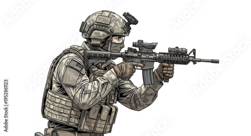 Soldier in Combat Gear Aiming Rifle with Intense Focus.
