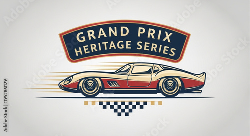 Vintage Grand Prix Heritage Series Race Car Illustration with Checkered Flag.