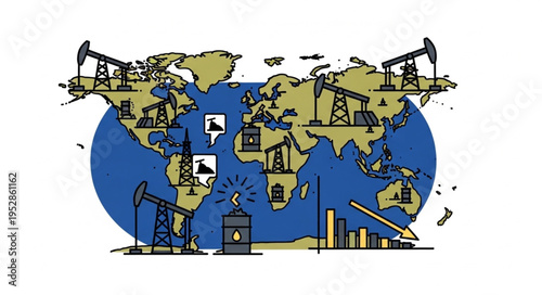 Global Oil Production and Distribution - A World Map Illustration.