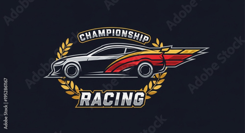 Championship Racing Car Emblem with Laurel Wreath and Dynamic Wing Design.
