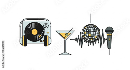 Party Time - Turntable, Cocktail, Disco Ball, and Microphone Illustration.