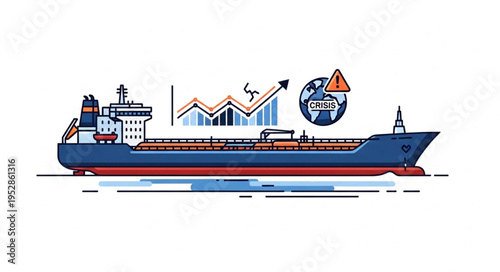 Illustration of a cargo ship with rising graph and globe.