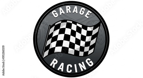 Garage Racing Emblem with Checkered Flag, Symbolizing Speed and Competition.