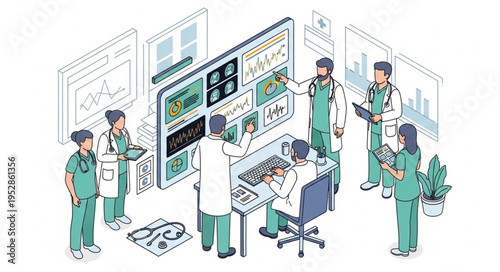 Medical Team Analyzing Data on Large Screen Display.