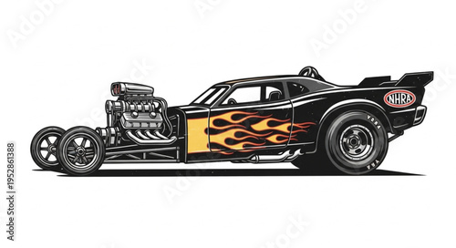 Detailed Illustration of a Black Hot Rod with Flame Decals.