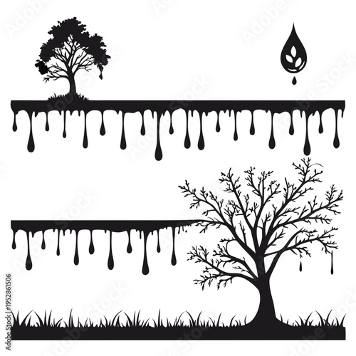 Foto Environmental concept silhouette featuring dead and healthy trees with grass and melting earth drips