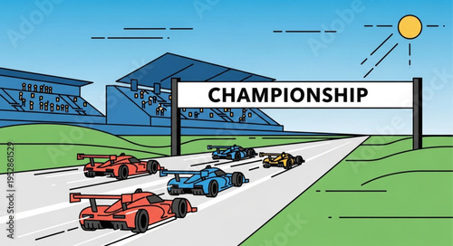 Cartoon Race Cars Competing for Championship on Racetrack.