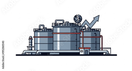 Illustration of oil tanks with rising arrow, symbolizing increasing prices.